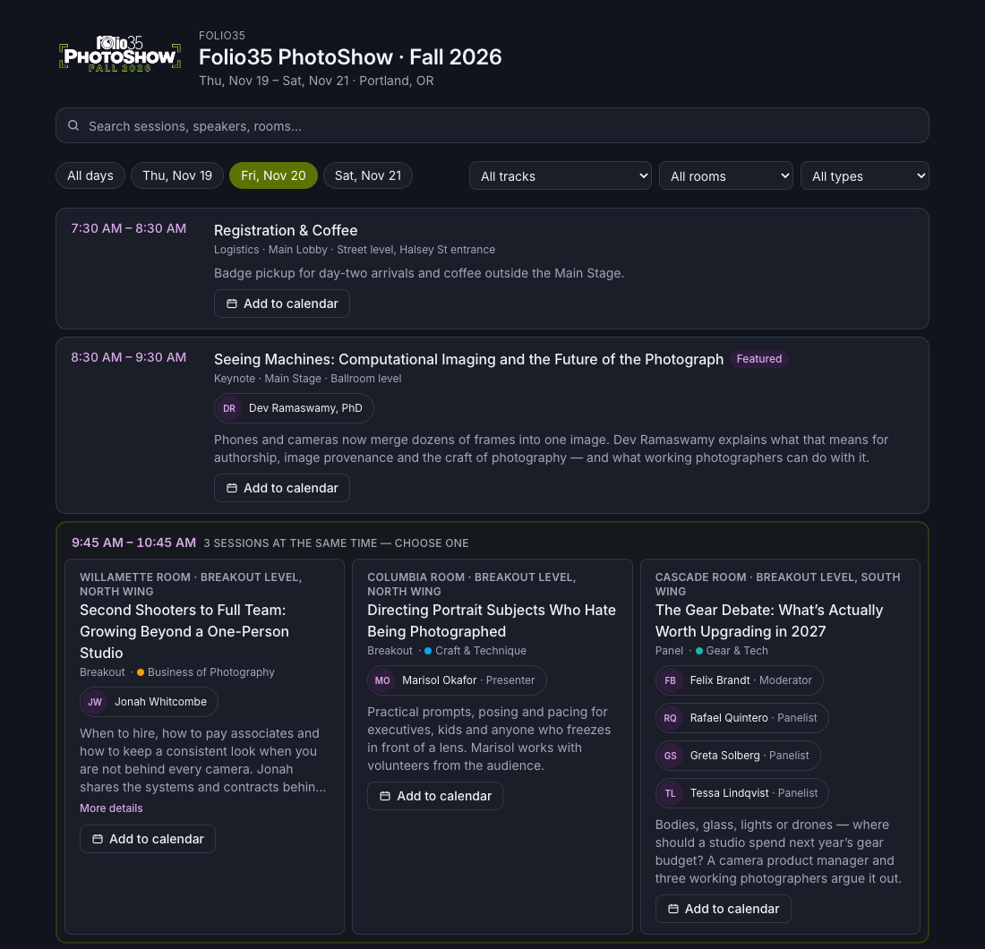 The public program for the fictional Folio35 PhotoShow, with day tabs, search, filters and three concurrent breakout sessions